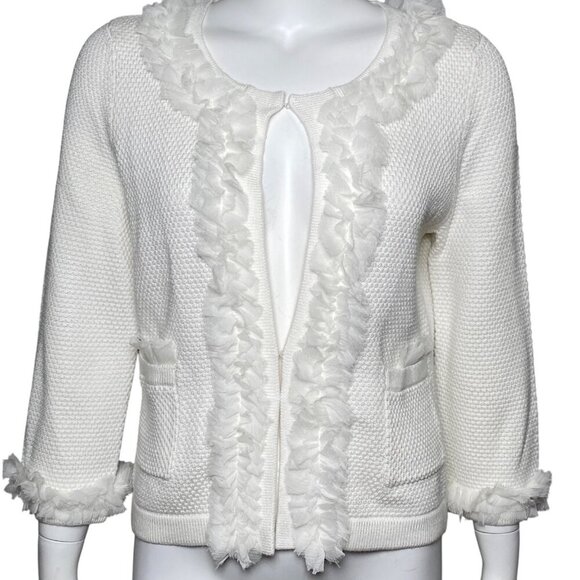 White House Black Market Jackets & Blazers - White House Black Market Knit Jacket Blazer Womens Size L Ruffles 3/4 Sleeve